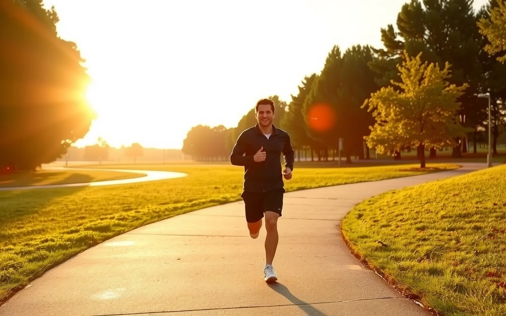 A person enjoying an outdoor jog in a scenic park during sunrise, showcasing vitality