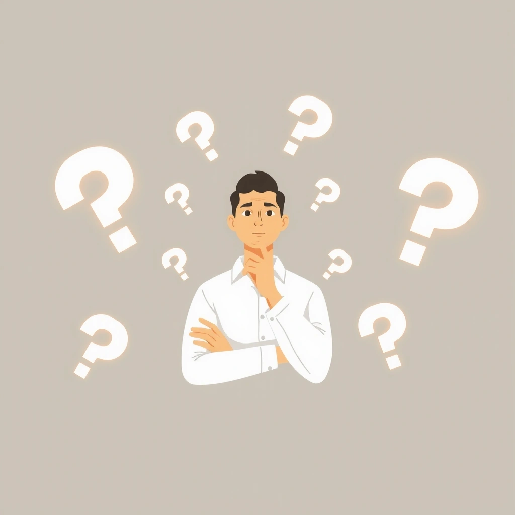 Illustration of a person thinking with question marks around their head, symbolizing frequently asked questions.