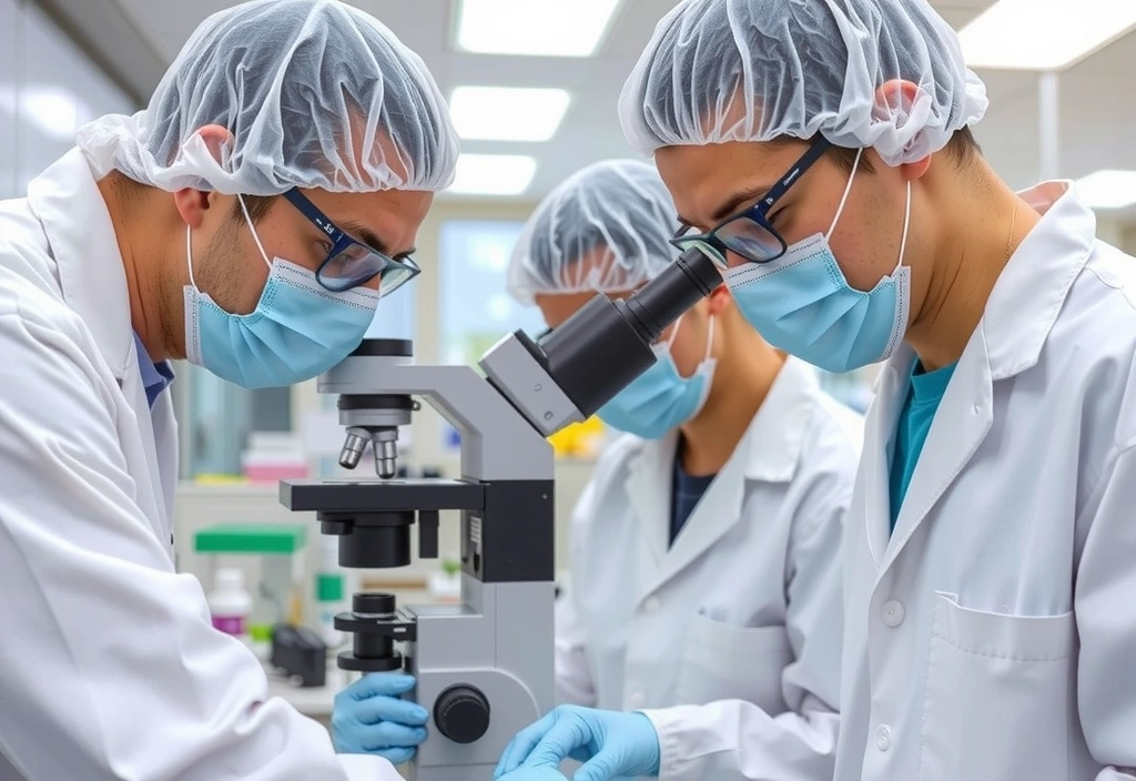 Scientists in a lab coat examining natural ingredients under a microscope, symbolizing quality control and scientific formulation.