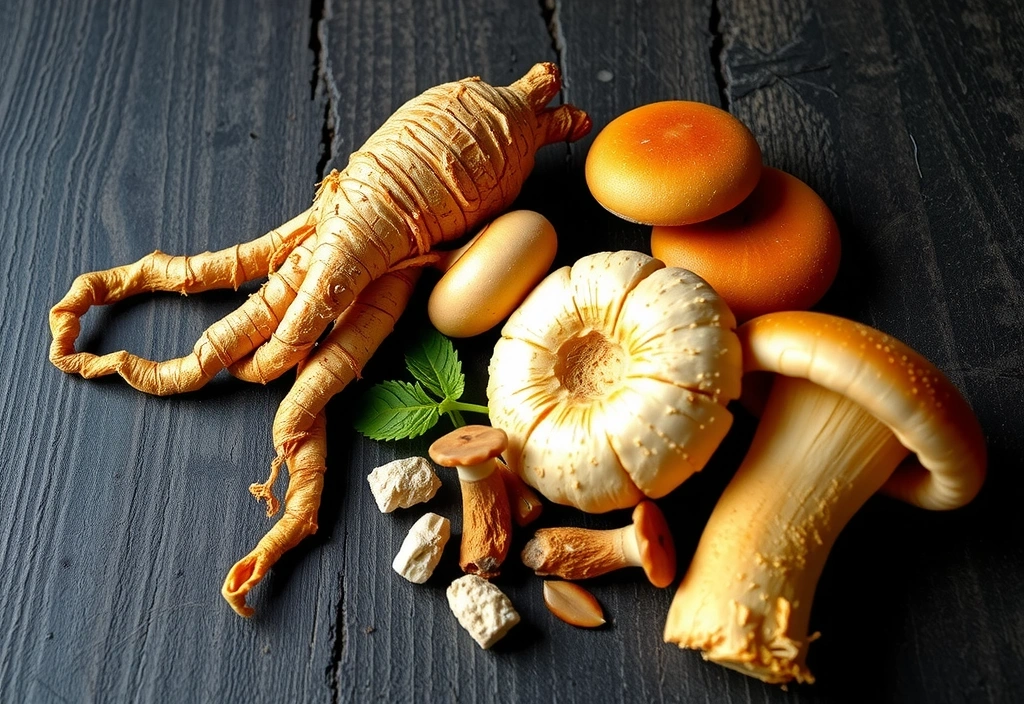 Natural ingredients for energy and endurance, like ginseng and rhodiola, arranged artfully with a dynamic, vibrant background.