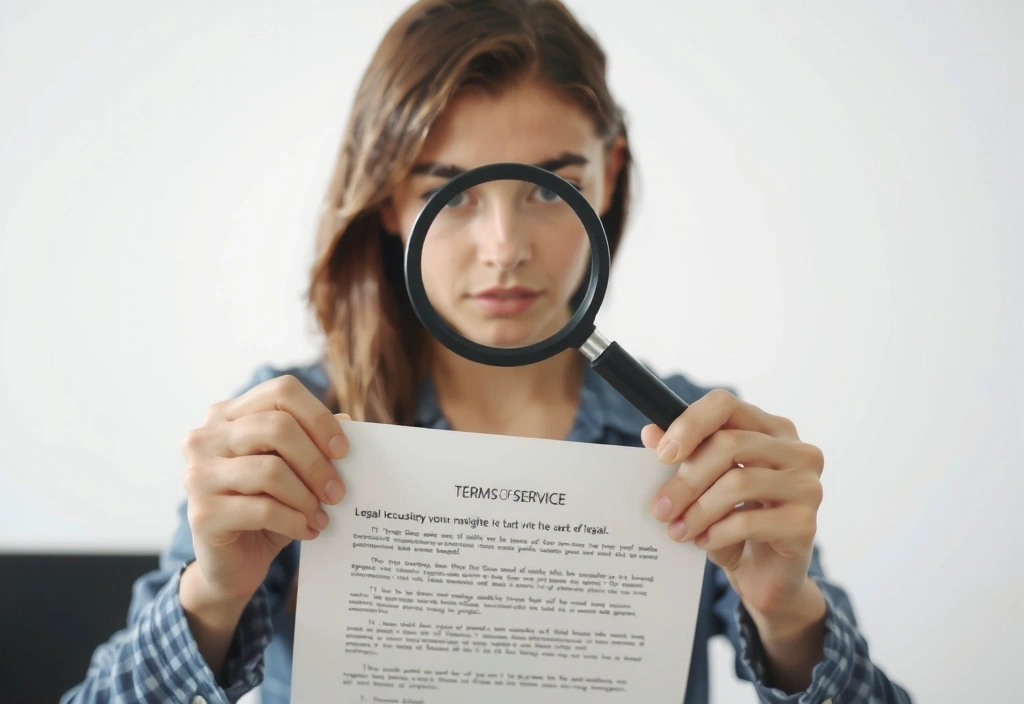 Person reading a legal document with a magnifying glass